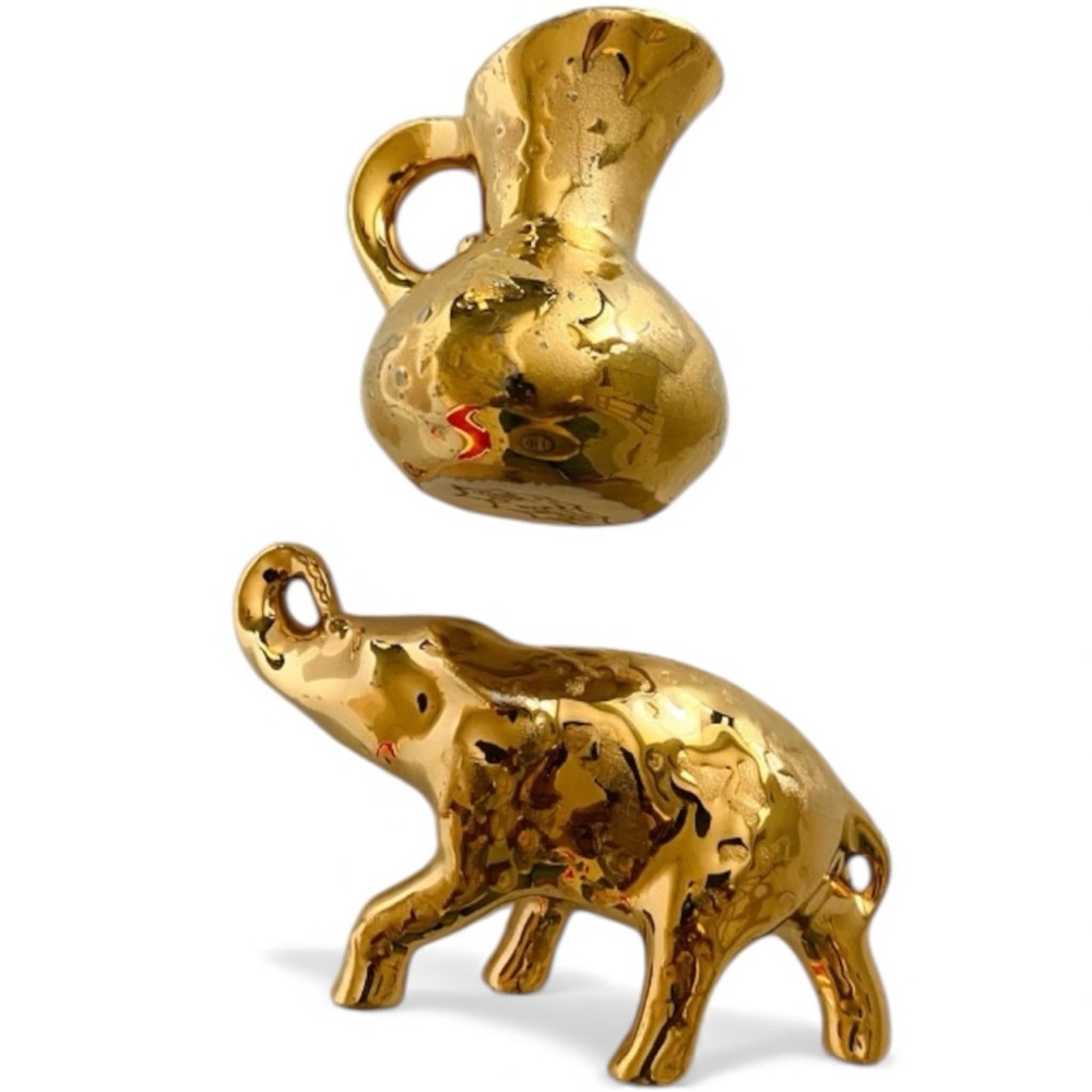 Vintage 22K Gold Plated Holley Ross Porcelain Pitcher Elephant Art Miniature